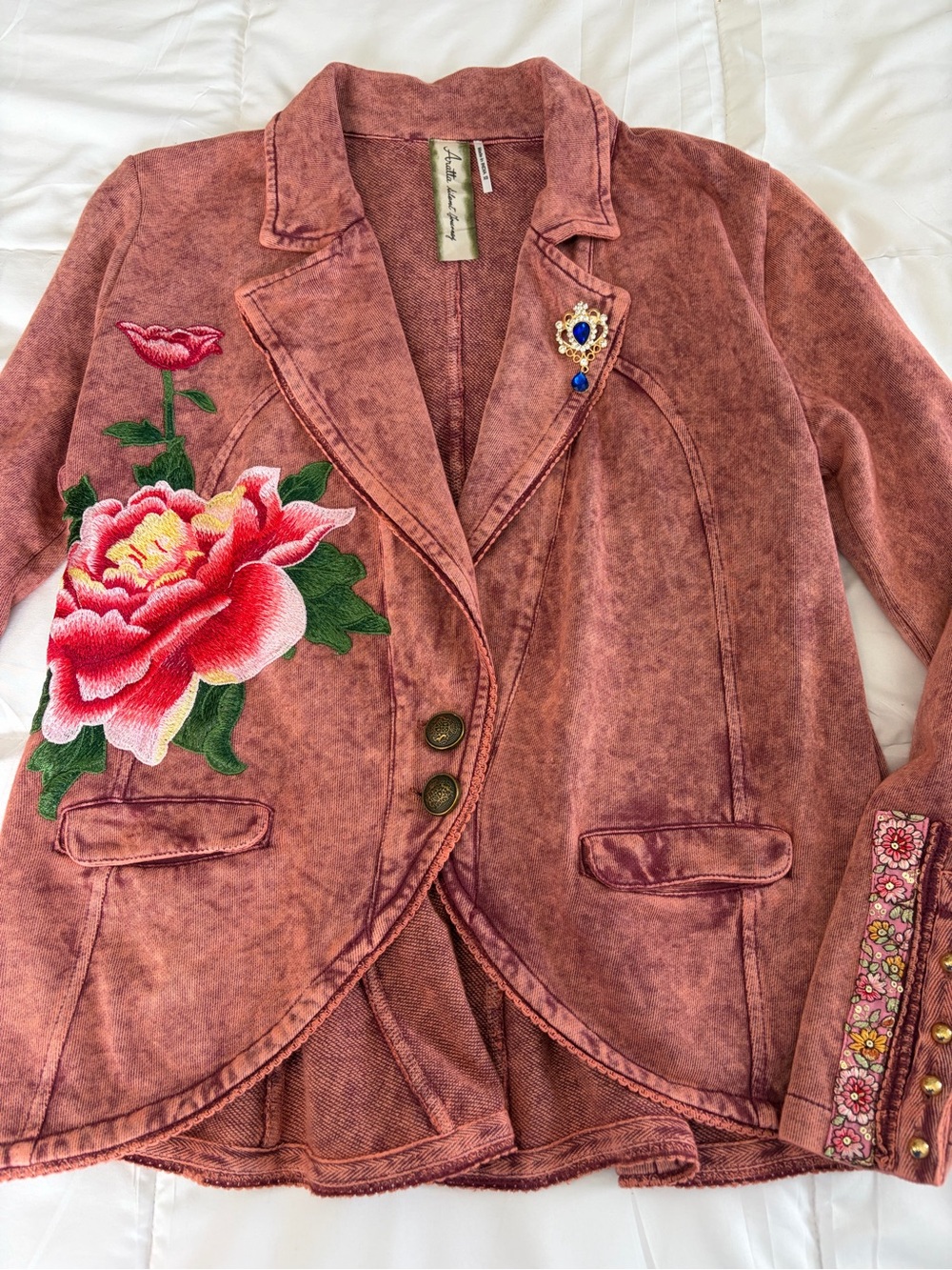 NWOT Aratta Silent Journey- Marion Mineral Wash Colonel Jacket with Embroidery - Picture 8 of 16
